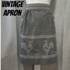 Vintage Apron-Black/White Gingham Check with Rooster & Hen Stitch Detail